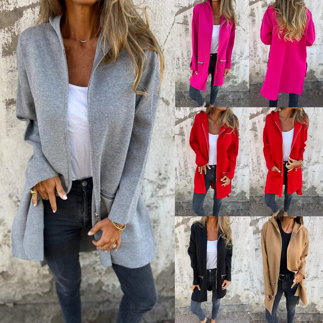 Zip-Up Hooded Cardigan with Pockets