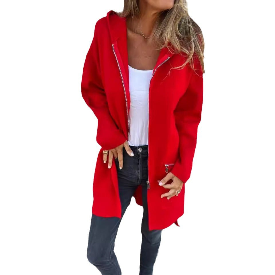 Zip-Up Hooded Cardigan with Pockets